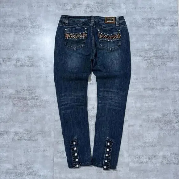 Y2K LA Idol Bluee Leopard Print 00s Denim Jeans - Picture 1 of 8